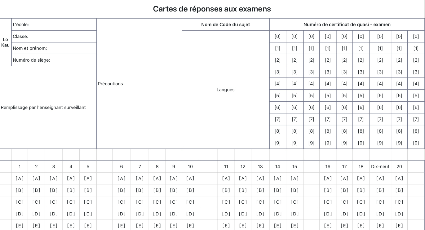 Cartes de réponses aux examens